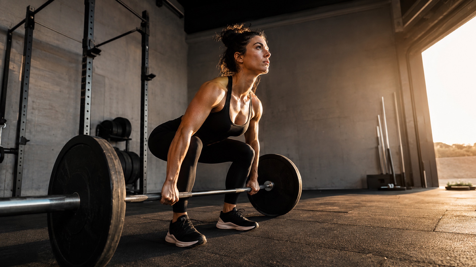 A woman lifting a barbell in a sunlit gym